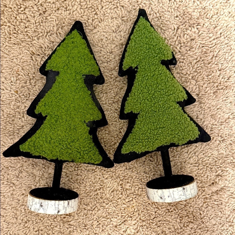 Holiday Time Green and Black plush fabric Christmas Trees Decor set of 2